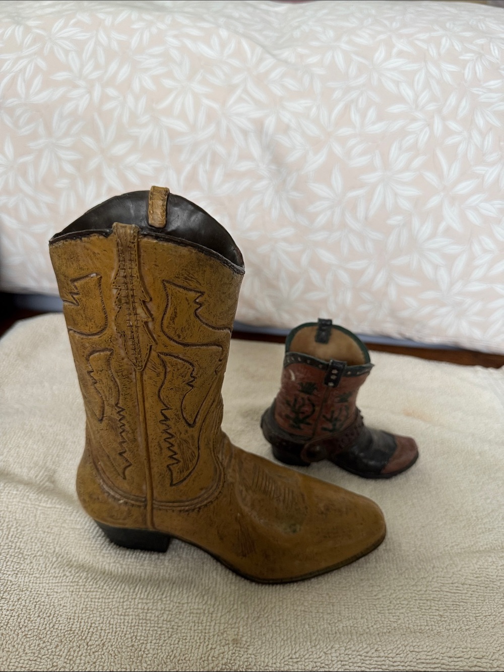 Decorative Pair: Tan Cowboy Boot & Small Rustic Boot Figurine